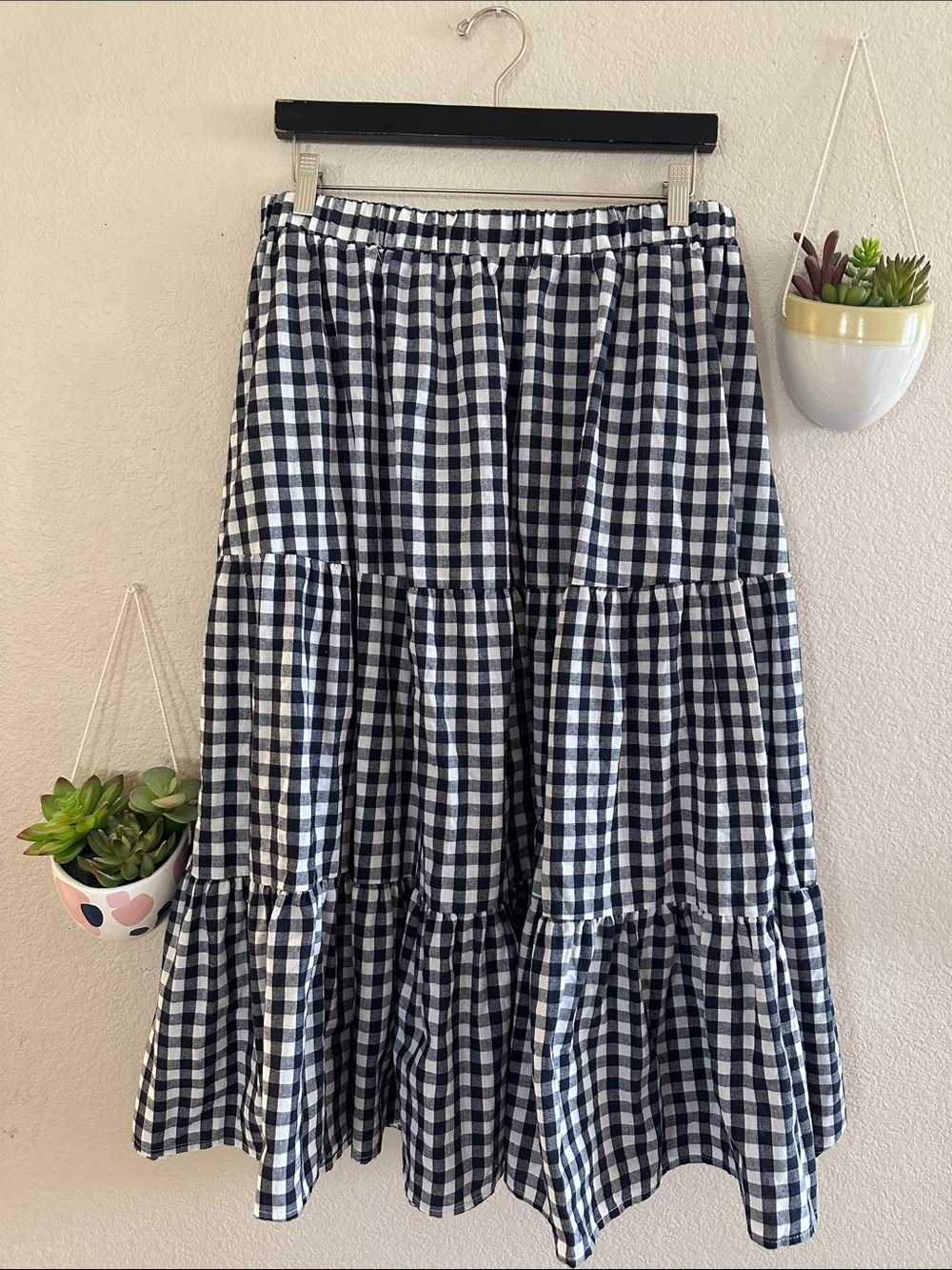 Cider Vintage Tier Gingham Navy White Midi Skirt 0XL